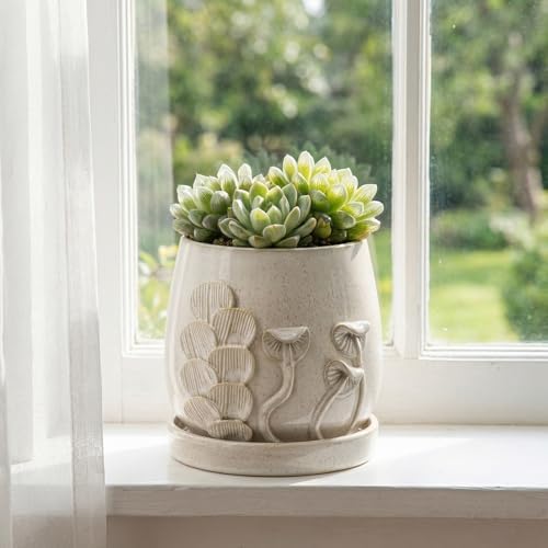 6 Inch Ceramic Plant Pot with Mushroom Gill Pattern Texture, Ivory White - Image 4