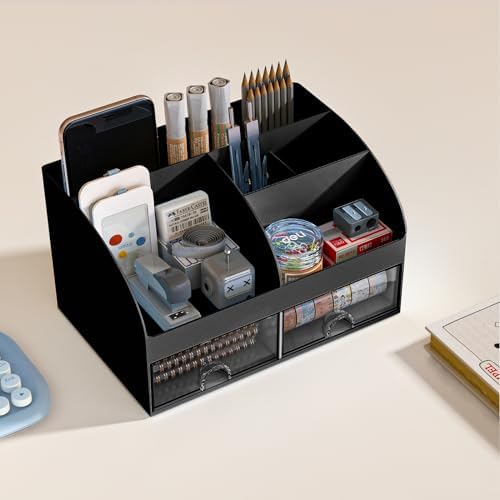 COMFYROOM Desk Organizer with 6 Compartments and 2 Drawers, Plastic Makeup Organizer, Pen Holder for Desktop Storage, Desk Organization for School, Home, Office Supplies Black-2Pack - Image 5