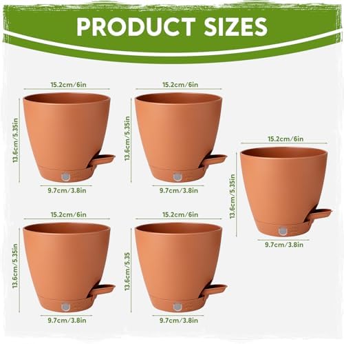 5 Pack 6 Inch Self Watering Planters for Indoor Plants, Automatic Watering Pots for Busy Plant Parents & Vacation, Decorative Modern Flower Pots with Drainage & Saucers (Terra Cotta, 6 inch) - Image 2
