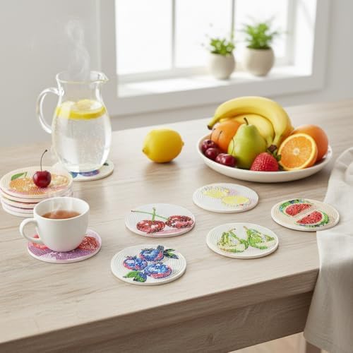 TCDZMYGS 8 Pcs Diamond Art Coasters Kit, Disco Fruit Diamond Painting Coasters Kits for Adults, 5D Full Drill Diamond Dot Gem Art Craft Kit with Holder, Fun DIY Non Slip Coaster for Home Decor - Image 6