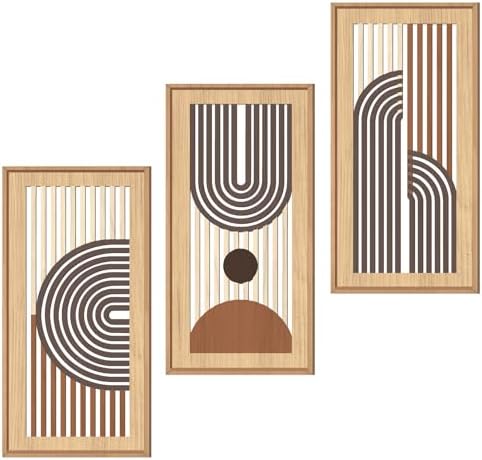 IARTTOP Mid-Century Modern Boho Wooden Wall Art Framed 8x16 Inch Orange Abstract Bohemian Wood Wall Decor Set of 3 Minimalist Geometry Artwork for Living Room Bedroom Office by IARTTOP