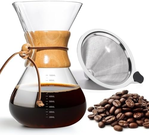 Pour Over Coffee Maker 34 OZ, 10 Cup Borosilicate Glass Drip Coffee Maker with Reusable Stainless Steel Filter and Cork Grip for Home Café 1000 ML by Yopinmall