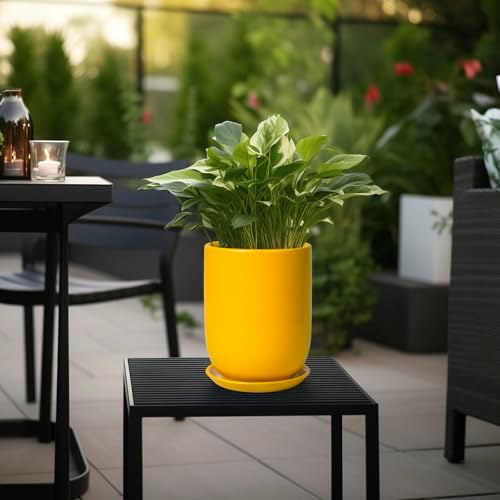 Plant Pot 8 Inch - Ceramic Plant Pot with Drainage Hole and Saucer Large Planter for Indoor Plants Outdoor Modern Flower Pot for Home Garden Decor Yellow - Image 5