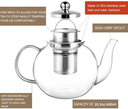 CNGLASS 600ml Glass Teapot with Removable Infuser,Clear Tea Kettle Stovetop Safe,Blooming and Loose Leaf Tea Maker - Image 5