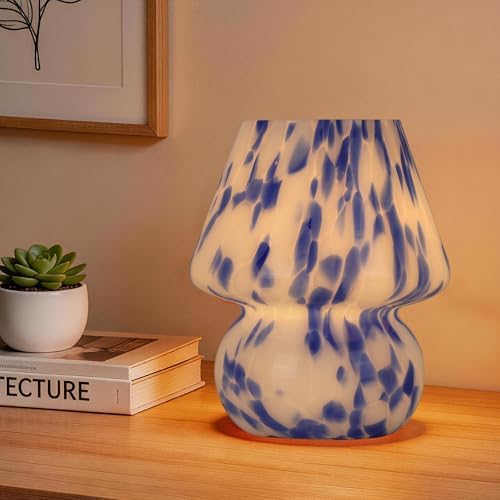 Mushroom Lamp, Blue&White, Small Glass Bedside Lamp by Unknown