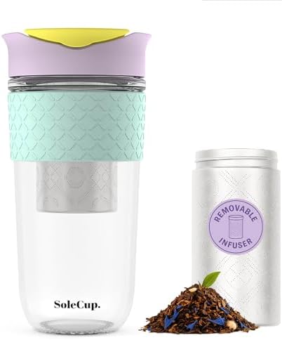 Large Travel Mug Loose Tea Infuser - Detachable Tea Strainer with Spill Proof Lid - 18oz/530ml BPA-Free Reusable Glass Travel Coffee Cup with Silicone Band (Ice Cream, 18oz) by SoleCup