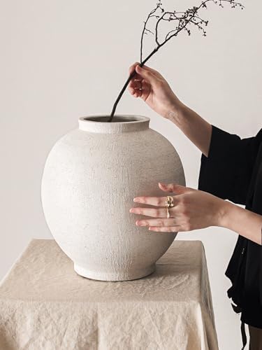 White Ceramic Vase - Large 12.5 Inch Round Floor Vase for Centerpieces, Farmhouse Flower Vases, Rustic Minimalist Home Decor (Sandstone White) - Image 4
