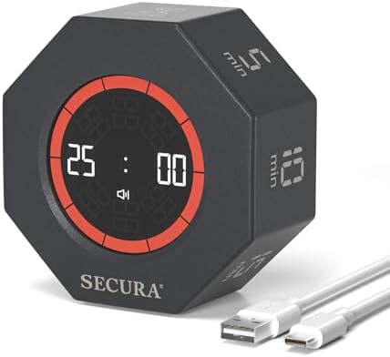Secura Pomodoro Timer with 5/10/15/20/25/50/90 Min Presets, 3 Level Volume by Secura