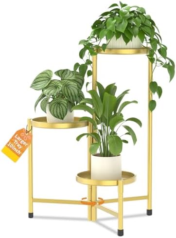 LASZOLA Plant Stand Indoor with 10 Inch Large Metal Tray, 3 Tier Gold by LASZOLA