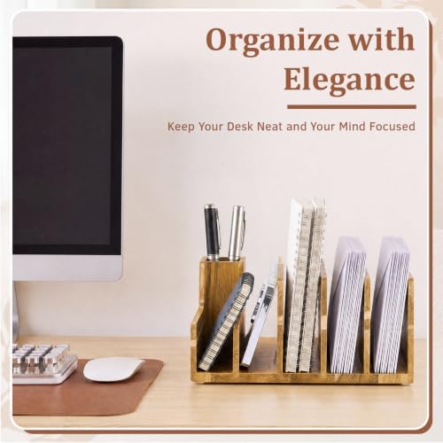 Novabright Acacia Wood Mail Organizer with Pen Holder, 6 Slot Desk File Organizer, Wooden Letter Sorter for Desk, Compact Desktop Document Holder for Home Office Storage Back to School - Image 4