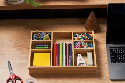 Umilife Bamboo Desk Drawer Organizer, Wood Junk Organizer Tray with Adjustable Dividers, Anti-Skip Storage Organization in Office Bathroom Drawer for Vanity, Makeup, 12" x 9" - Image 5