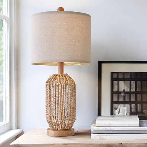 OYEARS 21" Boho Table Lamp for Living Room, Bedside Lamp for Nightstands, Rattan Lamp for Bedroom, Farmhouse Table Lamp for Room Decor, End Table, Retro, Brown, 1 Pack - Image 6