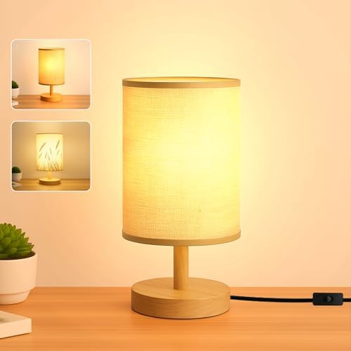 Desk Lamp LED Bulb Included, Small Bedside Table Lamp Plug-in - Classic Wood Base with Flaxen Fabric Shade, Lamps for Night Stands, Simple Nightstand Light for Bedroom, Office, Desk by Unknown