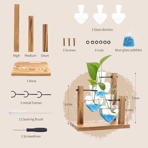 Plant Propagation Station, Heart-Shaped Hydroponic Glass Vase with Wooden Stand Decorative Propagation Stations with Blue Glass Beads for Home Desk Office Gardening Gifts for Plant Lovers - Image 2