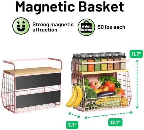 Magnetic Shelf for Fridge with Wood Lid, Fruit Potato and Onion Storage Bins, Pantry Organizers & Storage, Large Container Magnetic Spice Rack for Refrigerator, Kitchen Counter, Cabinet (Pink, 2) - Image 5