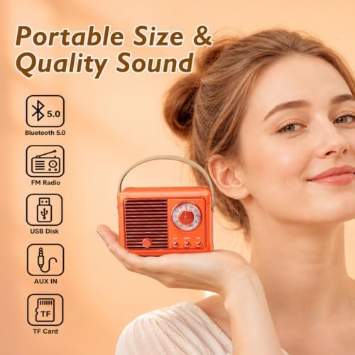 Dosmix Retro Bluetooth Speaker, Small Vintage Decor Gifts Pumpkin Orange - Image 2