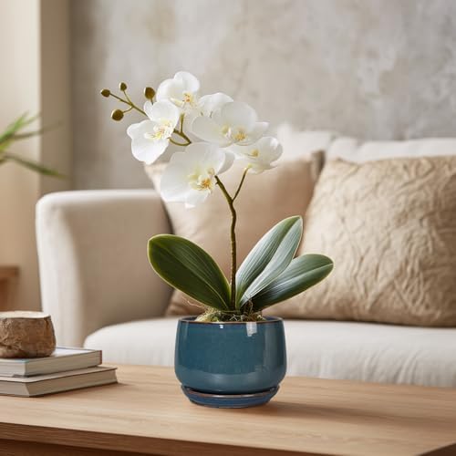 G EPGardening Ceramic Pots for Plants - 4 inch Plant Pots for Indoor Outdoor, Small Planter with Drainage Hole & Tray, Modern Succulent Pots, Round Planter, Office Decor, Home Gifts, Retro Blue - Image 5