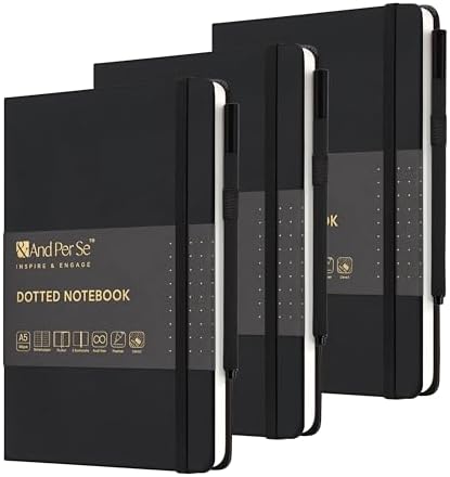 &And Per Se Dotted Journal Notebook 3 Pack, A5 Hardcover with Journal Dotted Pages, Stencils & Pens, 176 Numbered Pages Each for Students Teachers Office (Black) by AndPerSe