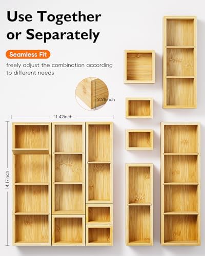 Bamboo Drawer Organizer Set, 6 PCS Trays with 12 Compartments - Image 2