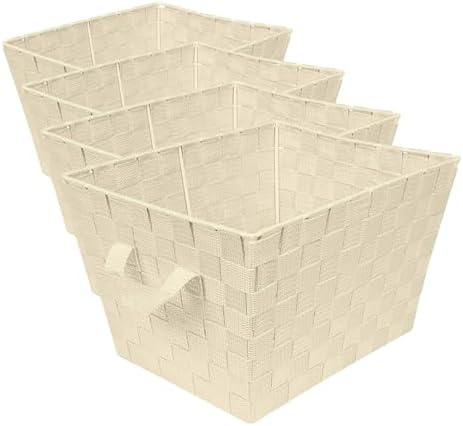 Simplify Medium Woven Strap Tote | Decorative Storage Basket | 2 Handles | Organization | Closet | Bedroom | Bathroom | Nursery | Accessories | Toys | Gifts | 4 Pack | Ivory by Simplify