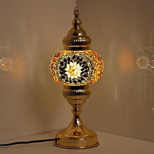 GOGERS Turkish Mosaic Table Lamp, Amber Glass Bedside Lamp with Gold Metal Base, E12 LED Bulb Included, Warm Ambient Decorative Lamp for Bedroom, Living Room, Nightstand, Home Decor Gift (Brown) by GOGERS