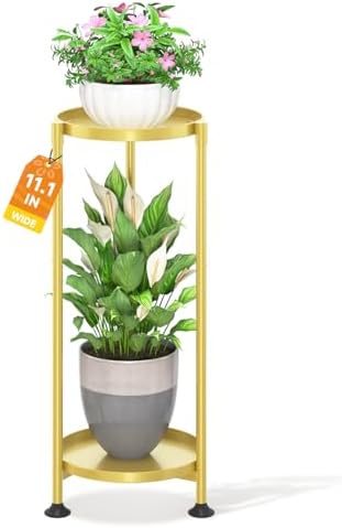 LASZOLA Metal Plant Stand Indoor Tall with 11 Inch Large Tray 2 Tier Gold by LASZOLA