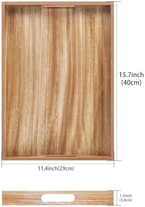 Krismax Wooden Serving Tray with Handles, Rustic Brown Rectangular Serving Platter 15.7x11.4 Inch for Coffee Table, Decorative Storage Tray - Image 2