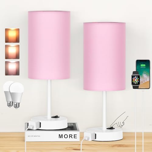 ZJOJO 13.8'' Pink Small Table Lamp Set of 2 for Bedroom Bedside, AC Outlet by ZJOJO