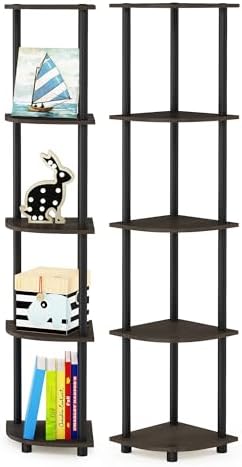 Furinno TURN-N-TUBE Corner Shelf Set of 2, 5-Tier Corner Bookshelf, Open Storage Shelves, for Organization and Storage, Living Room, Home Office, Garage, Dark Brown Grain by Furinno-FitsYourSpaceFitsYourBudget