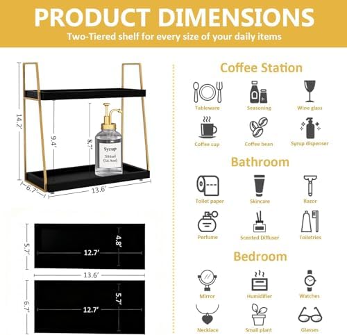 Coffee Bar Accessories, Black Gold Coffee Station Organizer for Countertop Decor, 2 Tier Large Wooden CoffeeBar Shelf for Office, Breakroom, Bathroom - Image 3
