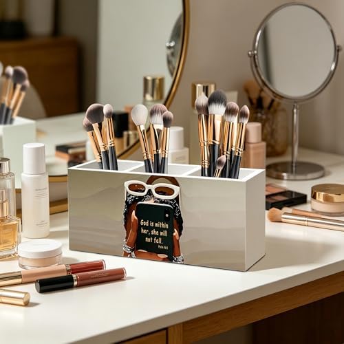 Inspirational Christian Black Girl Woman Makeup Brush Toothbrush Holder, African American Gifts, God is Within Her Bible Verse Wood Signs Pen Pencil Holder Organizer Desk Accessories - Image 3