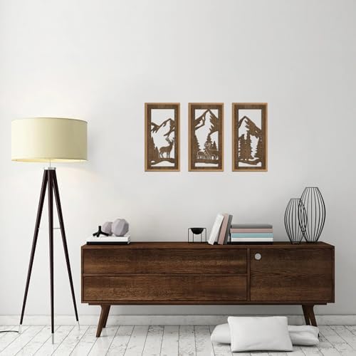HPNIUB 3PCS Jungle Animals Wall Decor,Rustic Mountain Forest Wooden Sign for Living Room,Vintage Abstract Deer Pine Trees Hanging Wood Plaque Wall Art Nature Wall Sculpture for Home Office(8x16Inch) - Image 5