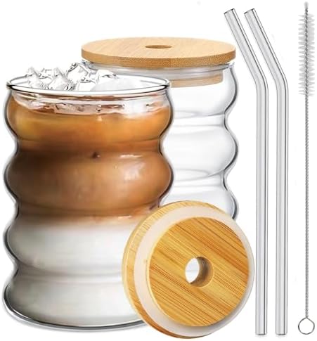 Ework4U 2 Pcs Drinking Glasses with Bamboo Lids and Glass Straw 14oz Glassware Set,Cocktail Glasses,Iced Coffee Glasses,Beer Glasses,Ideal for Water,Soda,Tea,Gift - with Cleaning Brushes by Ework4U