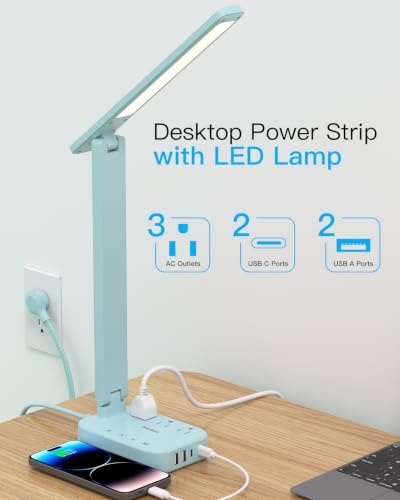 LED Desk Lamp, Power Strip with 4 USB 3 Outlets, Dorm Room Essentials, Blue - Image 2