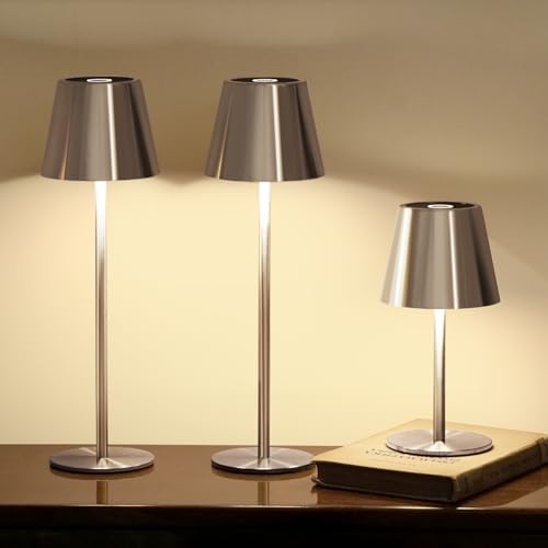 3 Pack Cordless Table Lamp, Portable Battery Operated Lamp with 3 Color Temps and Stepless Dimming, Rechargeable Table Lamp for Dinner, Desk, Cafe, Outdoor (Brushed Silver) by Keysays