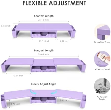 OPNICE Desk Organizers and Accessories, Dual Monitor Stand Riser with Drawer and 2 Pen Holders, Desk Shelf Printer Stand for Office Workspace Organizers, Desktop Organization (Purple) - Image 3