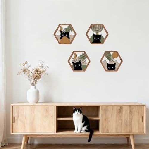 HPNIUB Boho Black Cat Wall Decor, Farmhouse Geometric Hanging Wooden Wall Art, 4 Pieces 11''x9.8'' Mid Century Bohemian Abstract Moon and Sun Wood Sign for Nursery Bedroom Decoration, Lovely Cat Gifts - Image 5