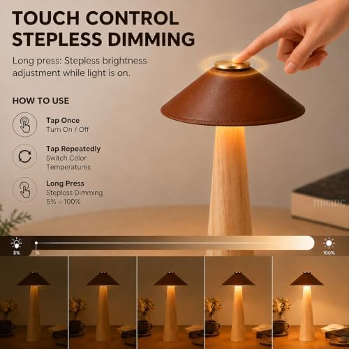 Wood Mushroom LED Desk Lamp - Cordless Night Light (Natural Wood) - Image 3