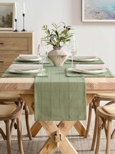 ZeeMart Linen Checked Farmhouse Table Runner, 13x36 Inches Sage Green - Image 2