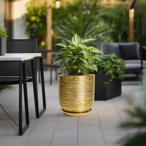 Ceramic Pots for Plants 12 Inch - Ceramic Planter for Indoor Outdoor Flowers, Cylinder Modern Flower Pot with Drainage Hole and Saucer, Patio Home Decor, Gifts for Plants Lovers, Gold - Image 4