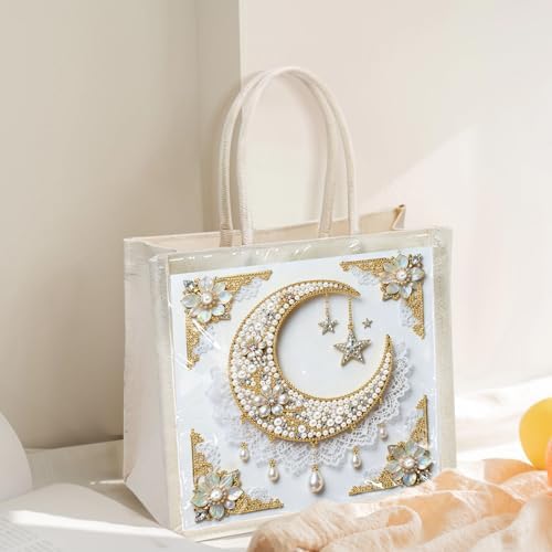 Xylzzuit DIY Pearl Painting Canvas Tote Bag Kit 11.42IN Diamond Art Handbag for Women Shopping Grocery Bag Dots Beads Art Craft Gift (Moon) - Image 4