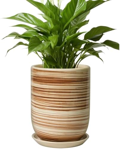 8 Inch Plant Pot, Ceramic Planter for Outdoor Plants, Large Plant Pot Indoor with Drainage Hole and Saucer, Modern Flower Pot for Home Garden Decor Yellow by SUNPOTFOR