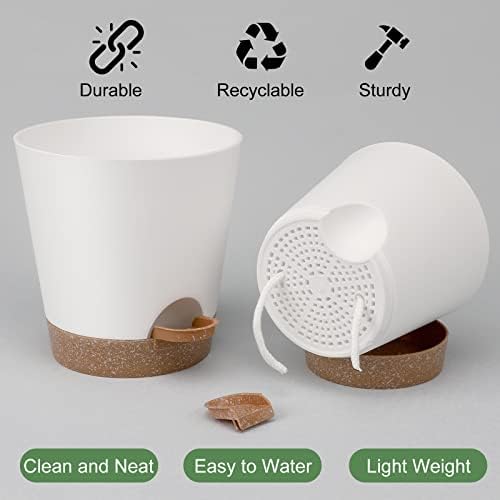 YNNICO Indoor Self Watering Planters with Drainage Holes and Saucers, 8, 7, 6.5, 6, 5.5, 5 Inches, White, 6 Pots (Pack of 2) - Image 3