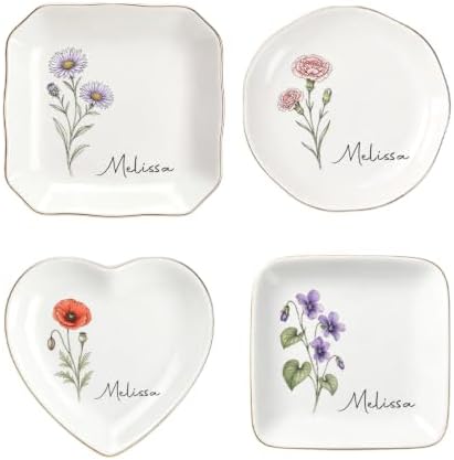 Personalized Birth Flower Jewelry Dish with Custom Name, Vintage Floral Gold Rim Ceramic Ring Trinket Tray, Custom Monogram Dish for Women Mom Bridesmaid Birthday Gift, 4 Shapes Available by Unknown