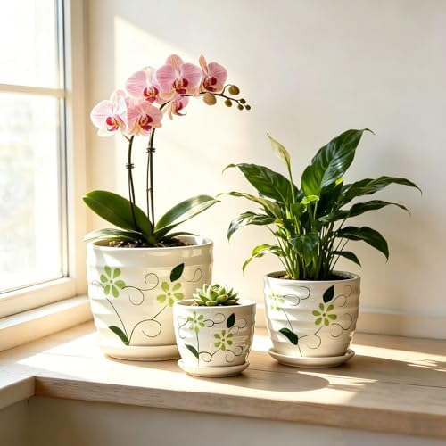 Vintage Flower Pots for Indoor Plant, Round Ceramic Plant Pots with Drainage Holes and Saucers, 6.7/5.2/3.9 Inches Retro Flower Planters Set of 3 - Image 2