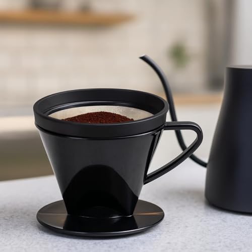 Fino Pour-Over Reusable Coffee Brewing Cone with Gold-Toned Mesh Permanent Coffee Filter, Number 2-Size, Black - Image 2
