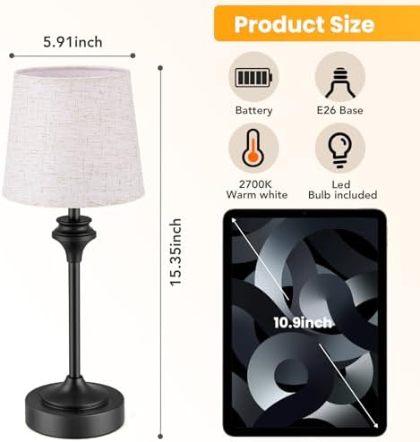 NIORSUN Portables Cordless Table Lamp,Flaxen Fabric Shade Battery Operated Lamp,5200mAh Bedside Table Lamp with Warm White,3 Way Dimmable Touch Desk Lamp for Bedroom Living Room Restaurant (Black) - Image 6