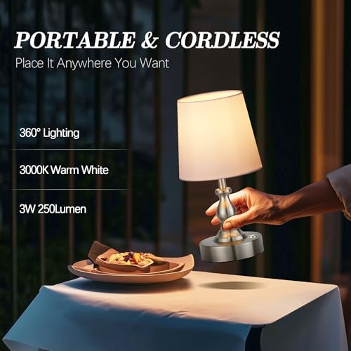 PARTPHONER Mini Cordless LED Table Lamp, 5200mAh Rechargeable Battery Operated Lamp, 3-Level Brightness, Touch Dimmable Desk Lamp, Bedside Night Light for Patio Camping Restaurant Home, Brushed Nickel - Image 4