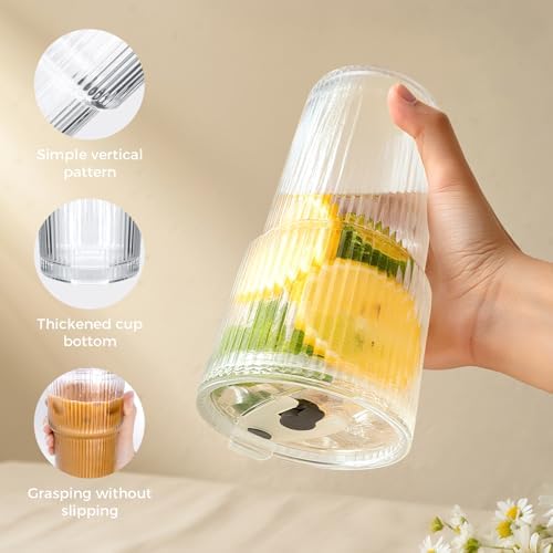 4PCS 20oz Glass Cups with Lids and Straws, Iced Coffee Cups with Lids, Stylish Ribbed Thick Drinking Glasses Tumbler for Juice, Smoothies, Cold Beverages, Cute Cup Gifts with Clean Brush - Image 4