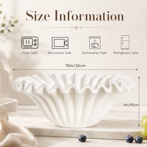 Large Decorative Bowl, 10 Inch White Ceramic Fruit Bowl - Image 2